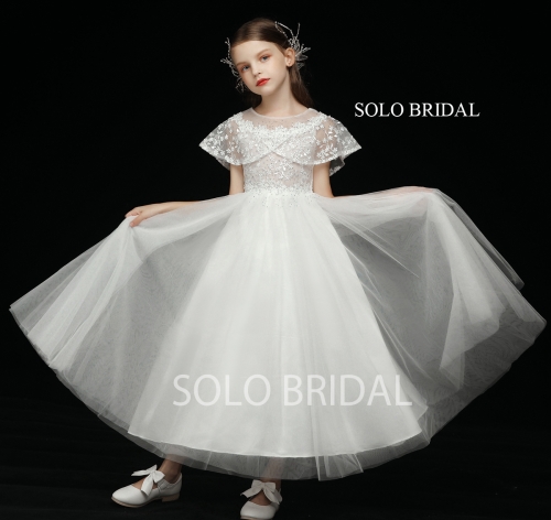 ivory wrap sleeve tulle skirt ankle length flower girl dress 5D7A3371